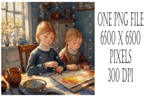 Children in Watercolor Reading a Book