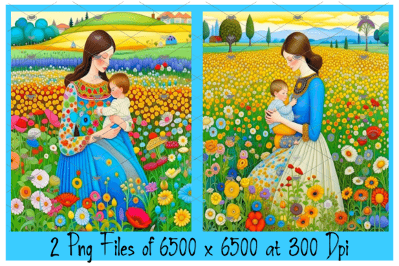 Woman with Child in a Flower Meadow 2: A Whimsical Digital Art Set for Creative Spaces